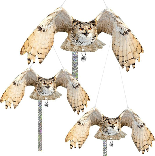 Owls to Keep Birds Away: 3Pcs Fake Owls with Reflective Tape for Garden Patio Tree, Bird Scare Reflective Hanging Decoration to Keep Birds from Windows Tree Garden