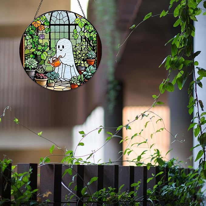 Ghost Garden Sun Catcher Stained Glass Window Hanging Plant Lovers Gifts for Women Wall Decor Handmade SunCatcher Decoration for Garden Home Plant Greenhouse Decor, 7.87inch