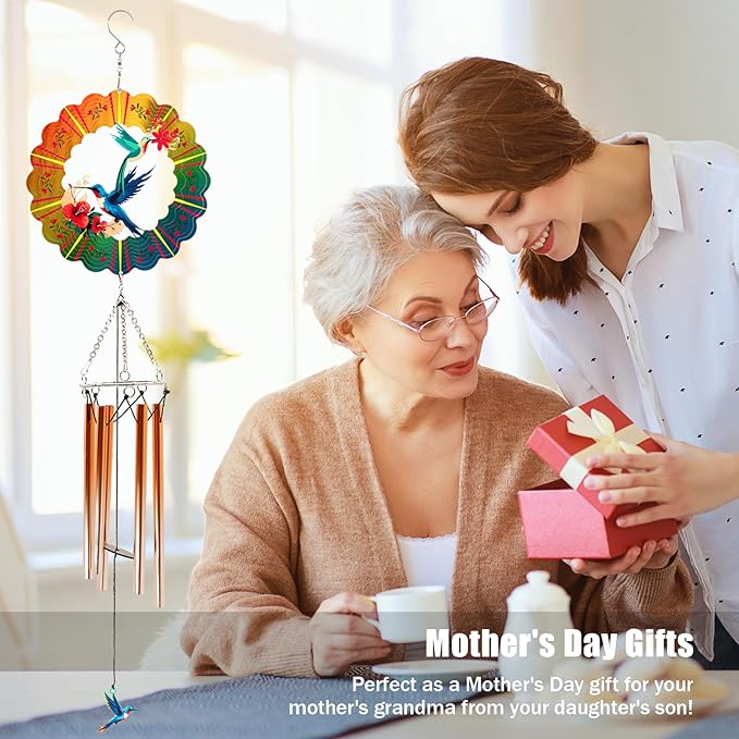 Wind Chimes with Hummingbird Wind Spinner, Gifts for Mothers Day Mom Women Grandma Birthday Retirement Teacher, 31" Windchimes Outdoor Decor Hanging Mobile for Garden Porch Patio Backyard
