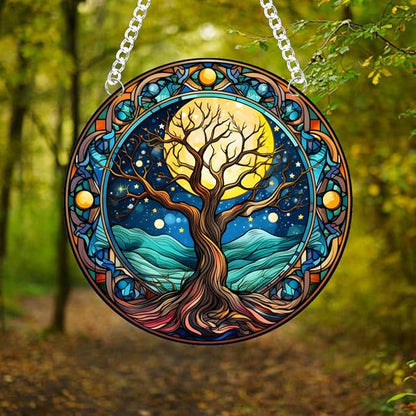 1PC Tree of Life Stained Glass Suncatcher Nature Round Big Trees and Stars Moon Suncatcher Hanging Decoration with Metal Chain-SunCatchers for Window Decor Outdoor Garden Decor Gift