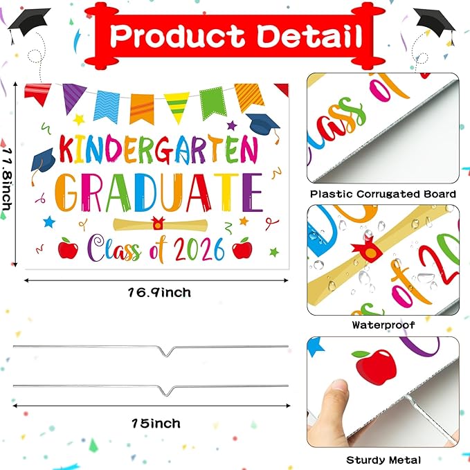 Kindergarten Grad Yard Sign - Class of 2026 Preschool Graduate Lawn Sign with Stake School Congrats Graduation Decorations Colorful Graduation Party Favors Supplies Outdoor Photo Booth Props for Kids