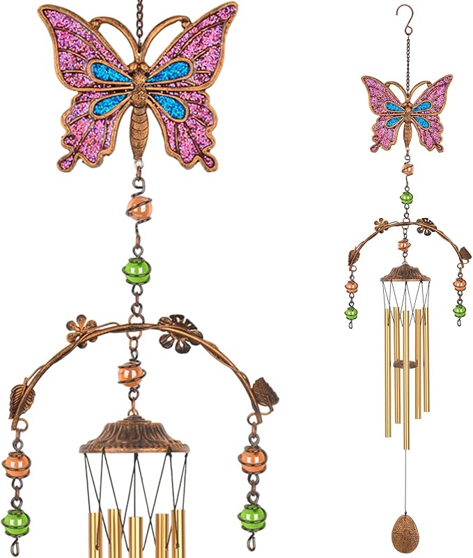 Pink Butterfly Wind Chimes - Wind Chimes for Outside Deep Tone 34 inches 5 Aluminum Tubes, Birthday, Memorial, Butterfly Gifts for Mom, Grandma, Daughter, Decor for Home, Garden, Patio, Backyard