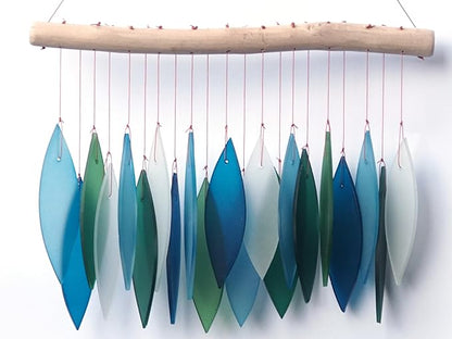 Sunset Vista Designs Handcrafted Driftwood and Sea Glass Featherline Wind Chime, Large, Blue Lagoon