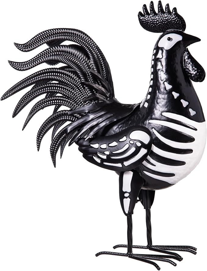Evergreen Garden 19" Skeleton Rooster Metal Animal Statue | Indoor and Outdoor Safe | Halloween Decoration for Garden Yard Lawn Party | Rustic Farmhouse Chicken Decor