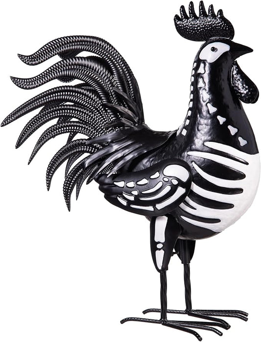 Evergreen Garden 19" Skeleton Rooster Metal Animal Statue | Indoor and Outdoor Safe | Halloween Decoration for Garden Yard Lawn Party | Rustic Farmhouse Chicken Decor