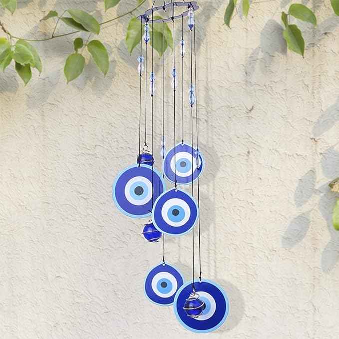 YU FENG Blue Evil Eye Wind Chimes for Outside 19" Hanging Ornament Metal Windchimes Outdoors Garden Decoration