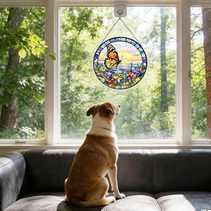 7.87" Butterfly Stained Glass Window Hanging, Sun Catcher with Metal Chain and Hook, Butterfly Ornaments Gifts for Women Men, Christmas Home Decorations Floral Themed Housewarming Gifts