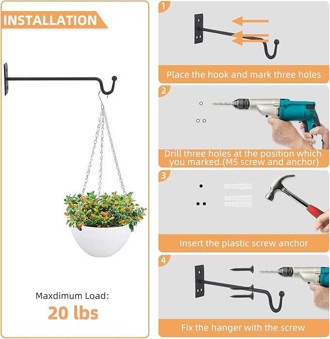 Hanging Plant Bracket (2 Pack-12 inches), Heavy Duty Metal Plant Hangers Outdoor or Indoor- Wall Plant Hooks for Hanging Planter,Bird Feeders, Wind Chimes, Flower Pot,Basket,Lanterns-Matte Black