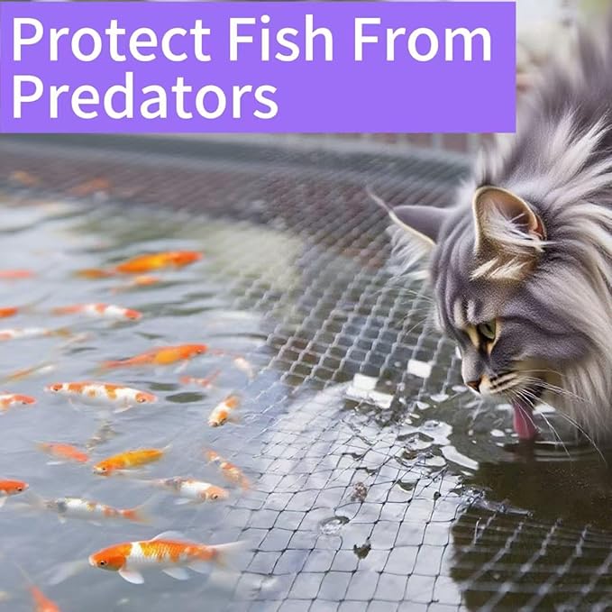 JUNFLYING 20x30 Ft Pond Netting for Leaves, 1/2 in Fine Mesh, Strong Woven Koi Fish Net Cover, Against Birds, Cats & Predators, Stakes Included