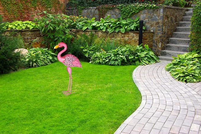 Owlgift 31 Inch Flamingo Garden Statues and Sculptures, Tall Metal Pink Flamingo Garden Statues, Birds Yard Art Outdoor Statue, Large Lawn Ornaments for Home, Patio, Backyard Décor