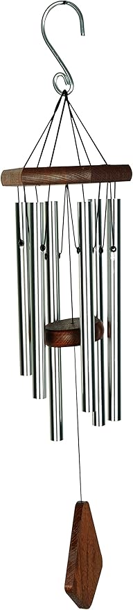 Nature’s Melody Premiere Grande Tunes Wind Chimes – Outdoor Windchime with 6 Tubes Tuned to E Pentatonic Scale, Rustproof Aluminum, Beech Wood & S Hook Hanger (Silver, 24 Inch)