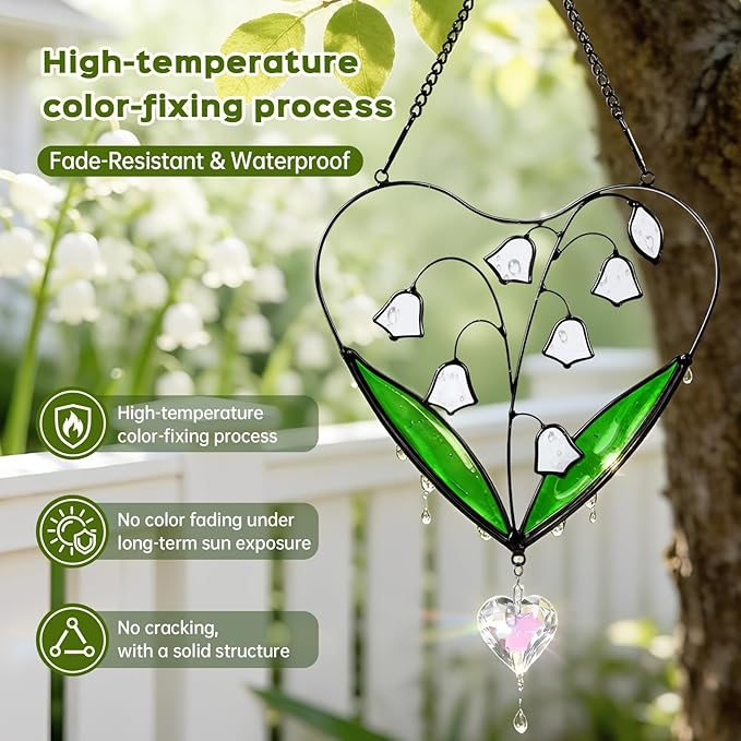 Lily of The Valley Sun Catcher Stained Glass Window Hanging - IDEA SHOW 6.6 Inch Handmade Real Glass Suncatcher Ornaments, Memorial Gifts for Women, Mom, Plant Lover Gifts for Indoor Home Wall Decor