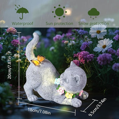 Solar Garden Statue Cat Figurine, Resin Solar Lights with Flower Decor for Outside, Yard Art Patio Balcony Lawn Decorations, Unique Gifts for Mom Grandma Women and Cat Lover (Gray)