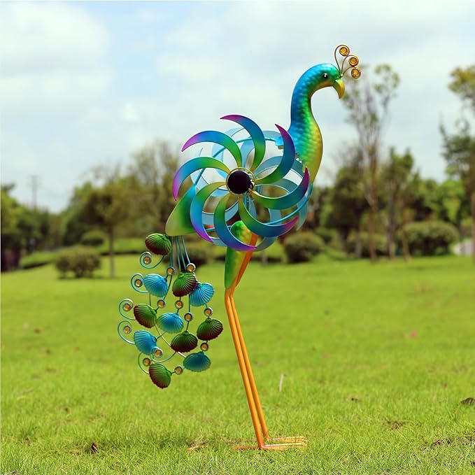 Metal Peacock Windmill Sculpture, Outdoor Peacock Wind Wheel, Garden Lawn Art Decoration