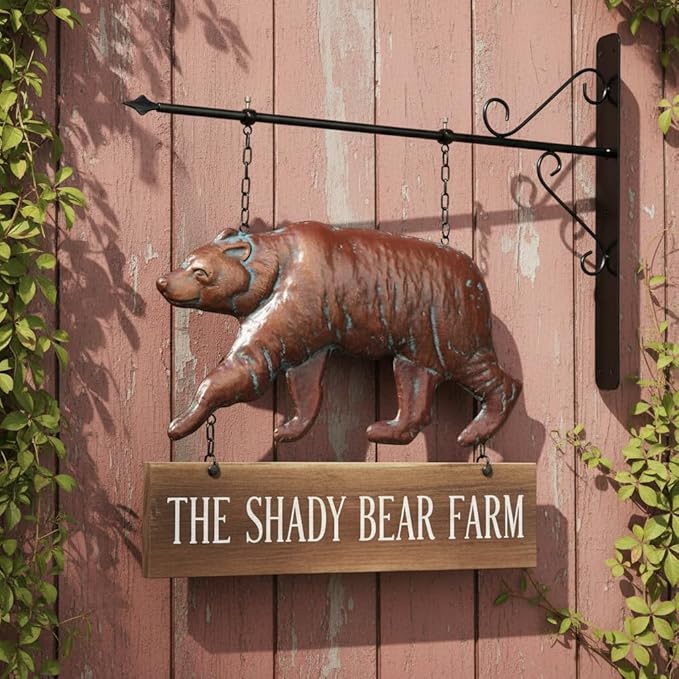 Bear Statue Outdoor Haning Decor for Yard and Garden,27“L x 22”H Vintage Grizzly Garden Statues and Sculptures with Arrow & Bracket,Antique Copper Walking Bear Metal Yard Art for Outside Porch