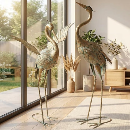 TERESA'S COLLECTIONS Garden Decor, Set of 2 Cranes Garden Decor, 25-26", Elegant Cranes with Golden Painting, Waterproof Metal Garden Statue, Herons Gifts Birthday Gifts for Women Mom