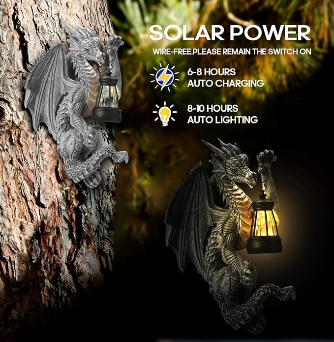 Dragon Outdoor Porch Decor Hugger with Solar Lantern Gothic, Dragon Statue Garden Lights, Gifts for Mom, Housewarming Gifts for Women, Gifts for Christmas, Ideal Dragon Garden Decor-Pair