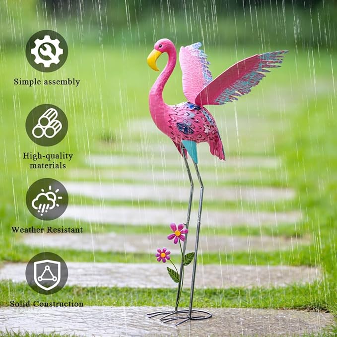 42" Metal Flamingo Outdoor Statues,Garden Sculptures with Solar Light, Pink Flamingo Lawn Ornaments & Outdoor Decor for Patio, Backyard, Garden