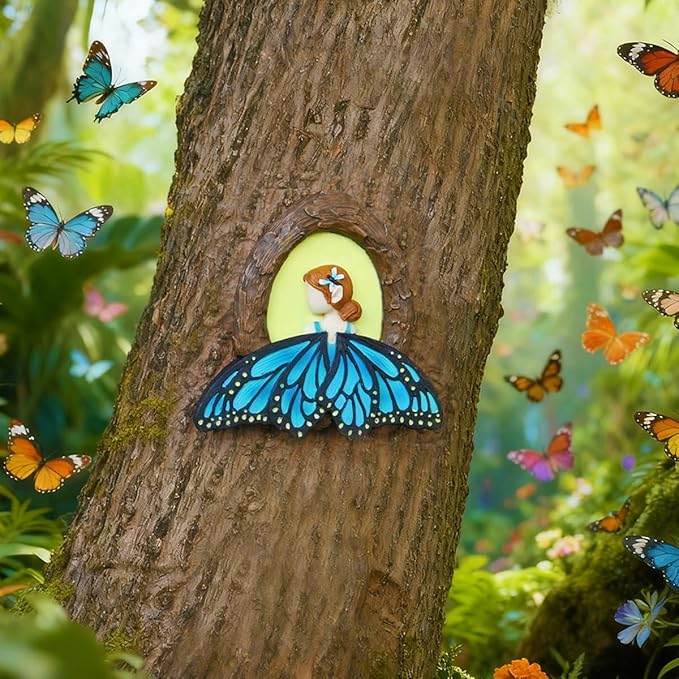 Fairy Out The Window Tree Hugger Garden Statue, Glow in The Dark Resin Fairy Figurine Wall Art Sculpture Outdoor Tree Faces Decor for Patio Lawn Yard Ornaments (Blue)