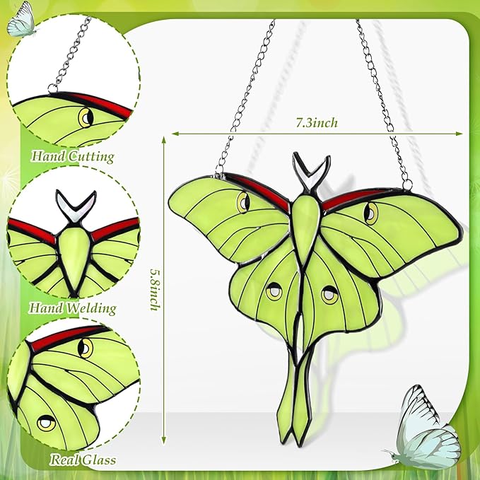 Yalikop 2 Pcs Luna Moth Stained Glass Window Hangings, Green Butterfly Sun Catchers for Windows, Mothers Day Decor Gifts for Mom, Handmade Glass Suncatcher Home Garden Decor, Gift for Decorations