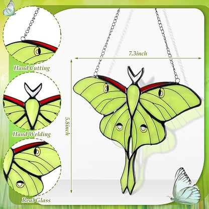 Yalikop 2 Pcs Luna Moth Stained Glass Window Hangings, Green Butterfly Sun Catchers for Windows, Mothers Day Decor Gifts for Mom, Handmade Glass Suncatcher Home Garden Decor, Gift for Decorations