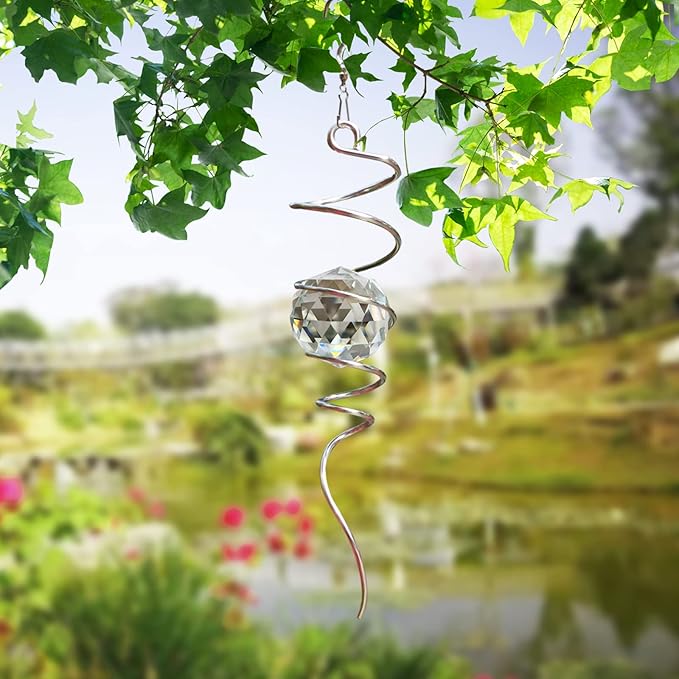 Gazing Ball Spiral Tail, Wind Spinners Stabilizer with Swivel Hook & Clear Crystal Ball, Hanging Suncatcher Decoration, Rainbow Maker Indoor Outdoor Ornaments Creative Decorative Gifts 13"