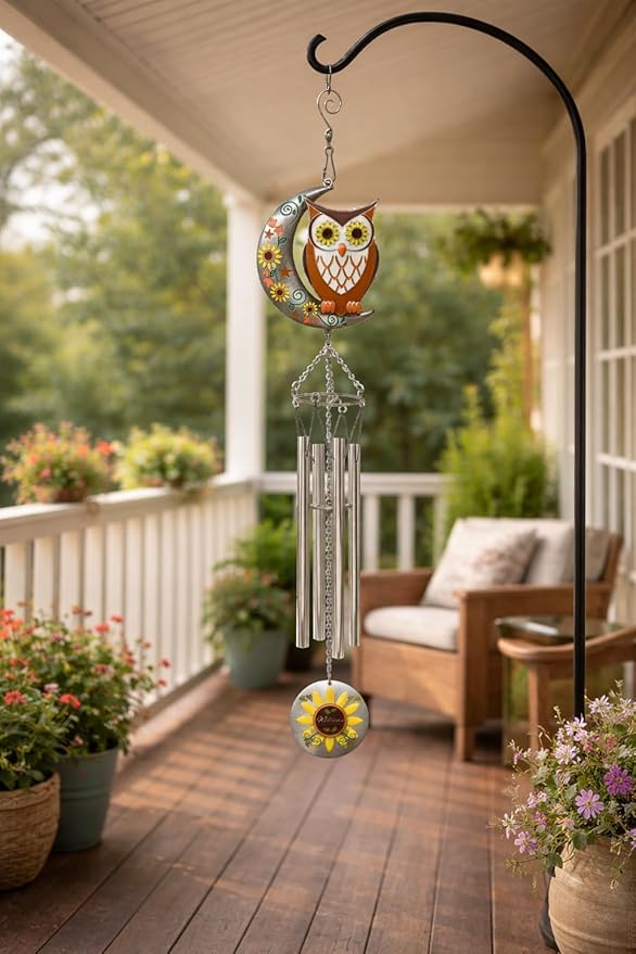 Owl Wind Chimes with Sunflower Welcome Medallion – Decorative Outdoor Hanging Windchime – Enameled Owl with Stars, Leaves & Moon – Garden Porch Patio Décor – 24" Hanging Length