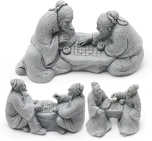 Hoypeyfiy 3Pcs Playing Chess Old Man Statue,Garden Figurines Set,Zen Garden Accessories,Outdoor Decor Sandstone for Bonsai,Micro Landscape Decoration,Garden,Patio,Yard,Lawn,Backyard
