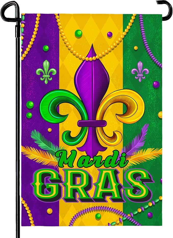 Mardi Gras Garden Flag 12x18 Inch Double Sided Fleur de Lis Yard Flags for Outside Decoration Carnival Beads New Orleans Small Flags for Garden Outdoor
