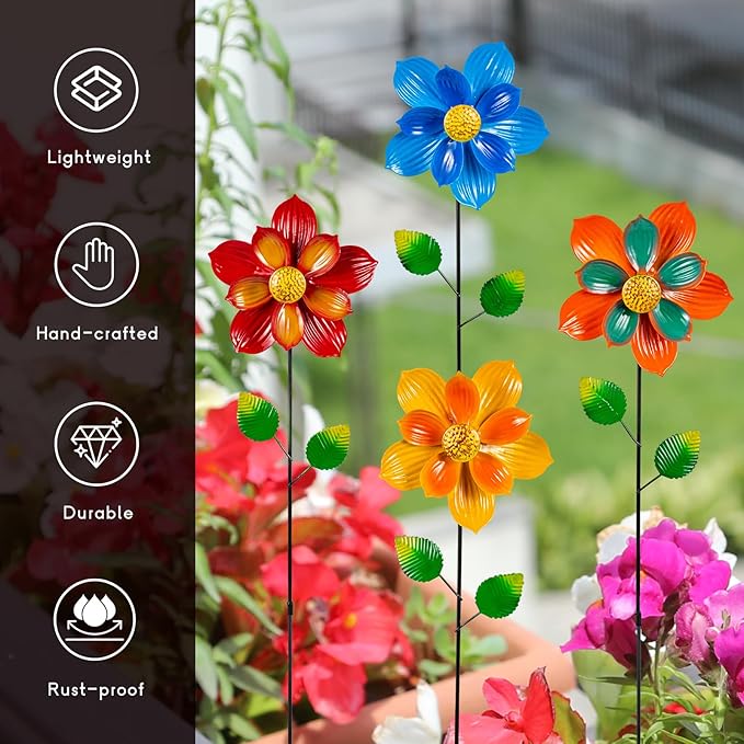 4 Pcs Wind Spinners Outdoor, Small Metal Flower Windmill, Colorful Pinwheels Decorative Floral Garden Stakes for Yard Patio Lawn Garden Decor, 27 x 6 Inches