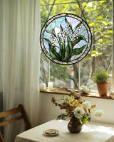Stained Glass Window Hanging, White Green Lily of the Walley Flowers Sun Catcher for Door Home Decor Plants Suncatcher Christmas Mother's Day Birthday Gifts for Women Men Mom Nana 9.8 in