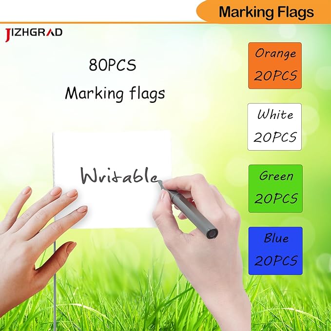 80Pack Orange&White&Green&Blue Marking Flags, JIZHGRAD 15x4x5 Inch Marker Flags Use for Yard & Lawn, Boundary & Dog Training, Survey & Landscape, Sprinkler & Surveyor, Garden & Construction, High Visibility, Sturdy, Versatile, UV & Weather Resistant