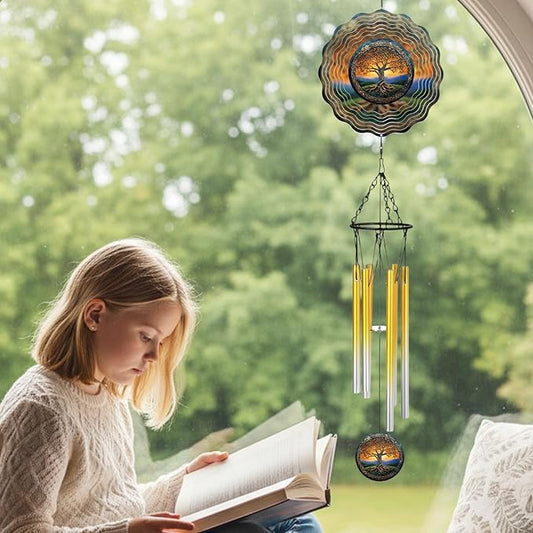 Tree of Life Wind Chimes - Metal Windchime with Spinners Outdoor Garden Patio Yard Decor Indoor Balcony Home Hanging Christmas New Year Housewarming Birthday Gift for Women Mom Grandma Wife