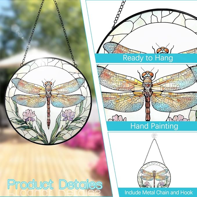 Dragonfly Stained Glass Suncatcher Window Hanging - 8” Dragonfly Flower Suncatchers for Windows Hanging - Handmade Sun Catchers Indoor Wall Decor Glass Panel Ornament Mothers Day for Mom Grandma Gift