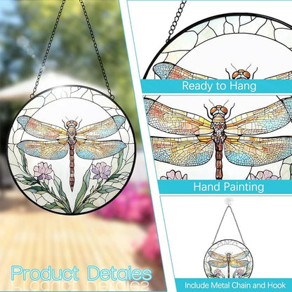 Dragonfly Stained Glass Suncatcher Window Hanging - 8” Dragonfly Flower Suncatchers for Windows Hanging - Handmade Sun Catchers Indoor Wall Decor Glass Panel Ornament Mothers Day for Mom Grandma Gift