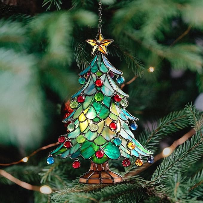 Mosaic Style Christmas Tree Ornaments Acrylic Suncatcher Stained Glass Effect Window Car Hanging Christmas Ornament Indoor Outdoor Decor Garden Sun Catcher Panel for Women Mom Grandma