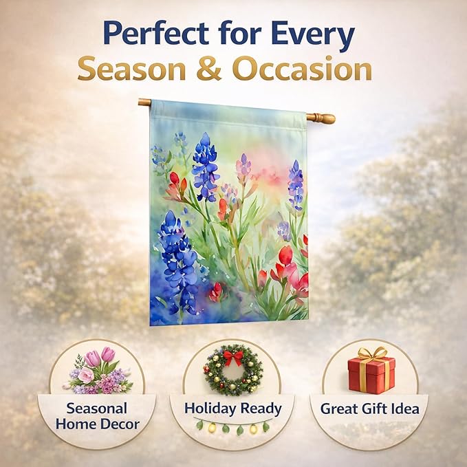 Caroline's Treasures Texas Bluebonnets in Watercolor House Flag Large Porch Sleeve Pole Decorative Outside Yard Banner Artwork Wall Hanging, Polyester, House Size, Multicolor