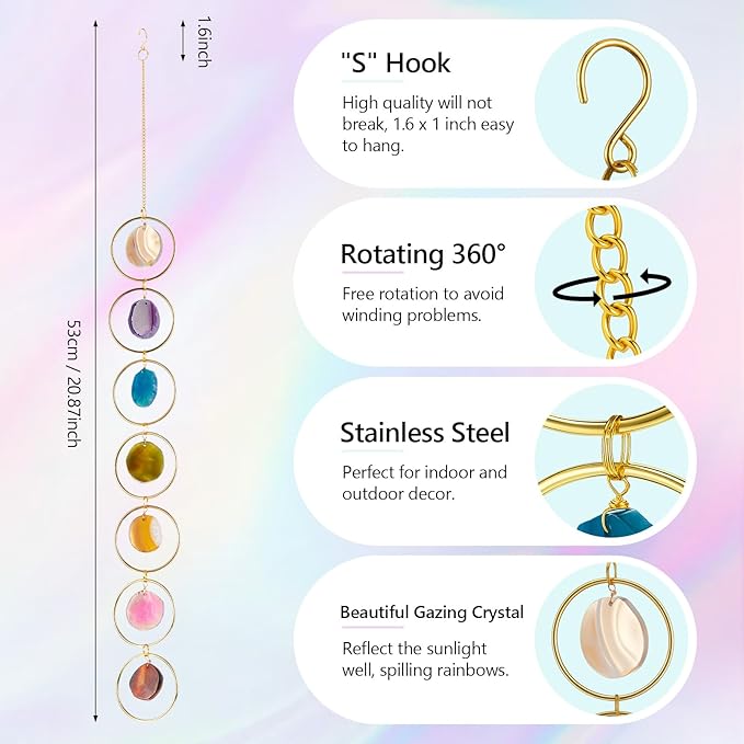 Thyle Healing Crystal Wind Chimes for Outside Window 7 Chakra Hanging Crystal Sun Catchers for Easter Indoor Outdoor Home Wall Decor Birthday Gifts(Agate Style)