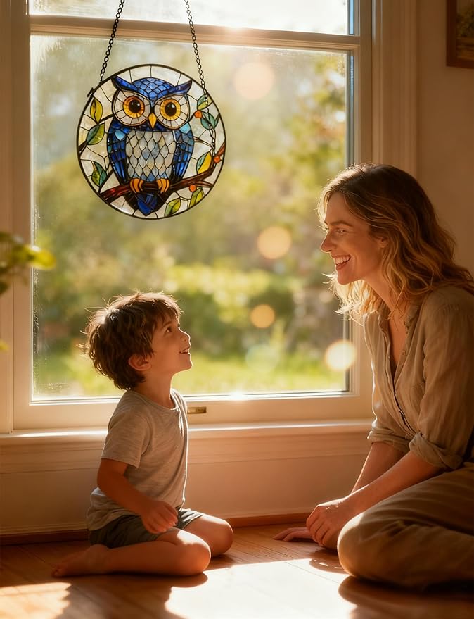 Owl Stained Glass Window Hanging Sun Catcher - Handmade Glass Window/Home Decor,Owl Gifts for Women Sun Catchers Hangings Birds Suncatcher Decor for Birthday for Women Men