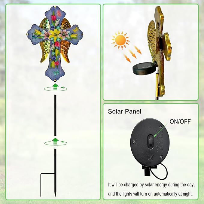 WAIU Solar Cross Garden Stake Lights,Metal Angel Wing & Acrylic Flowers Cross Solar Christmas Lights Outdoor,Waterproof Memorial Garden Decor for Remembrance Gifts & Sympathy Gifts.