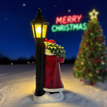 Santa Claus Statue with Light 12.6 inch Christmas Resin Figurine Desktop Decor, New Year's Day Outdoor Decoration for Porch Garden Yard Patio