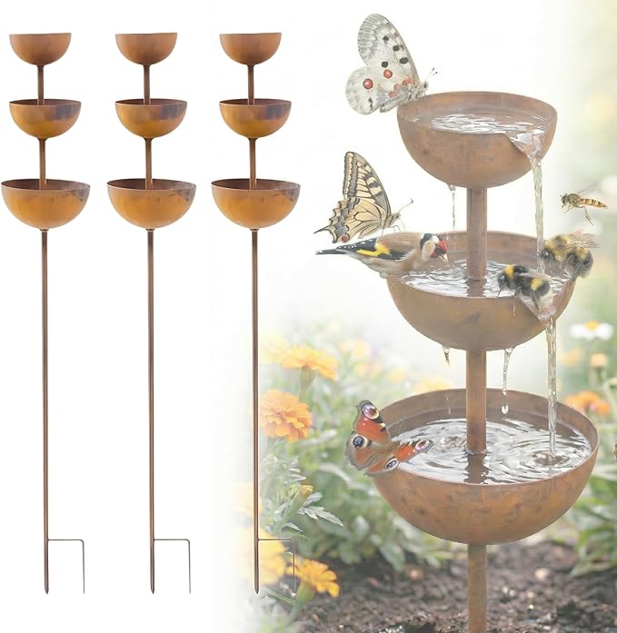Rain Catcher & Plant Support Metal Garden Ornament, 3-Tiered Garden Stake with Water Bowls, Bird Bath & Bee Watering Station for Outdoor Yard, Patio, Lawn Art Decor (3PCS)