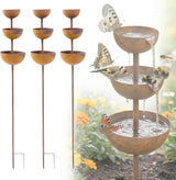 Rain Catcher & Plant Support Metal Garden Ornament, 3-Tiered Garden Stake with Water Bowls, Bird Bath & Bee Watering Station for Outdoor Yard, Patio, Lawn Art Decor (3PCS)