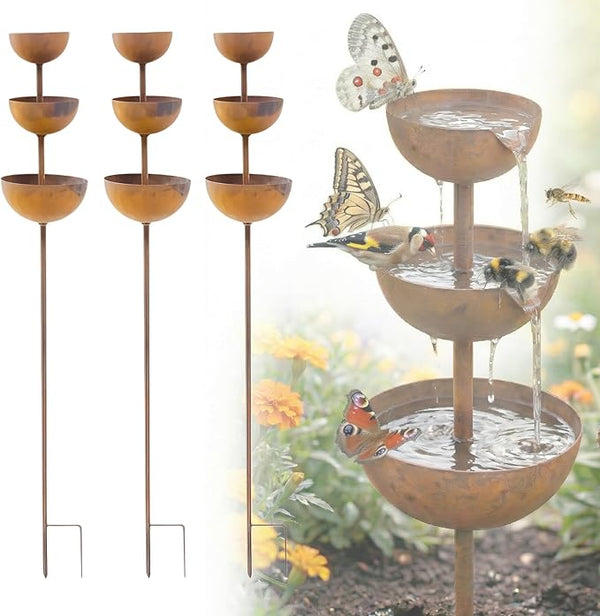 Rain Catcher & Plant Support Metal Garden Ornament, 3-Tiered Garden Stake with Water Bowls, Bird Bath & Bee Watering Station for Outdoor Yard, Patio, Lawn Art Decor (3PCS)