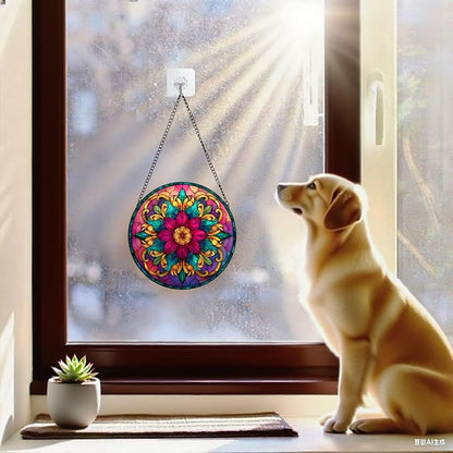 Bohemian Mandala Stained Glass Window Hanging Sun Catcher Indoor Outdoor Home Garden Panel Hangings Gift for Kits Adults (Red)