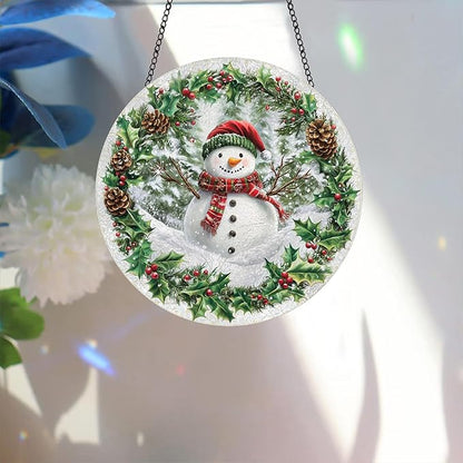 Bimkole Snowman Stained Glass Suncatcher Window Hanging - Christmas Indoor Window or Doorway Decoration - Handmade Sun Catcher Decor for Garden Home Christmas & Birthday Gifts 7.87x7.87 inch
