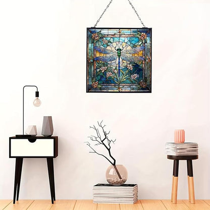 Dragonfly Stained Glass Window Hanging, 8" Stained Glass Dragonfly Sun Catcher for Windows, Suncatcher Panels for Women Christmas Thanksgiving Gift