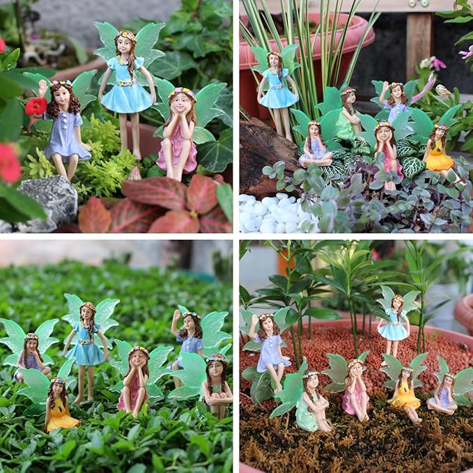 Fairy Garden Decor Fairy Door and Windows for Trees, Glow in The Dark Yard Sculpture Lawn Ornament Mini Garden Art Outdoor Decor Accessories with Lantern (6 Fairies)