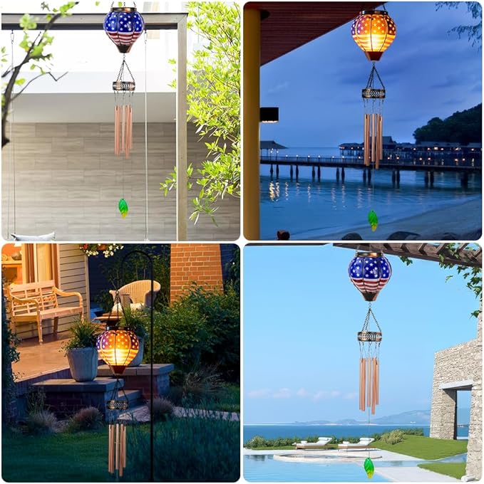 Starsoul Solar Wind Chimes for Outside, American Flag Hot Air Balloon with Flickering Flame Solar Wind Chime, Glass Windchimes Outdoors Garden Decor, Gift for Mother's Day Mom Grandma