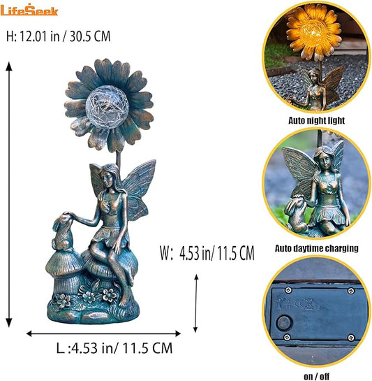 Garden Solar Fairy Statue - Mushroom Seat, Touching Rabbit, Iron Flower Glass Ball, Whimsical Outdoor Ornament